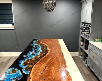Handmade Epoxy River Dining Table Top, Ocean Blue, White, Wood