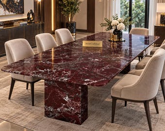 Rosso Levanto Marble Statement Table – Handmade Luxury Red Stone Dining Table with Pedestal Base