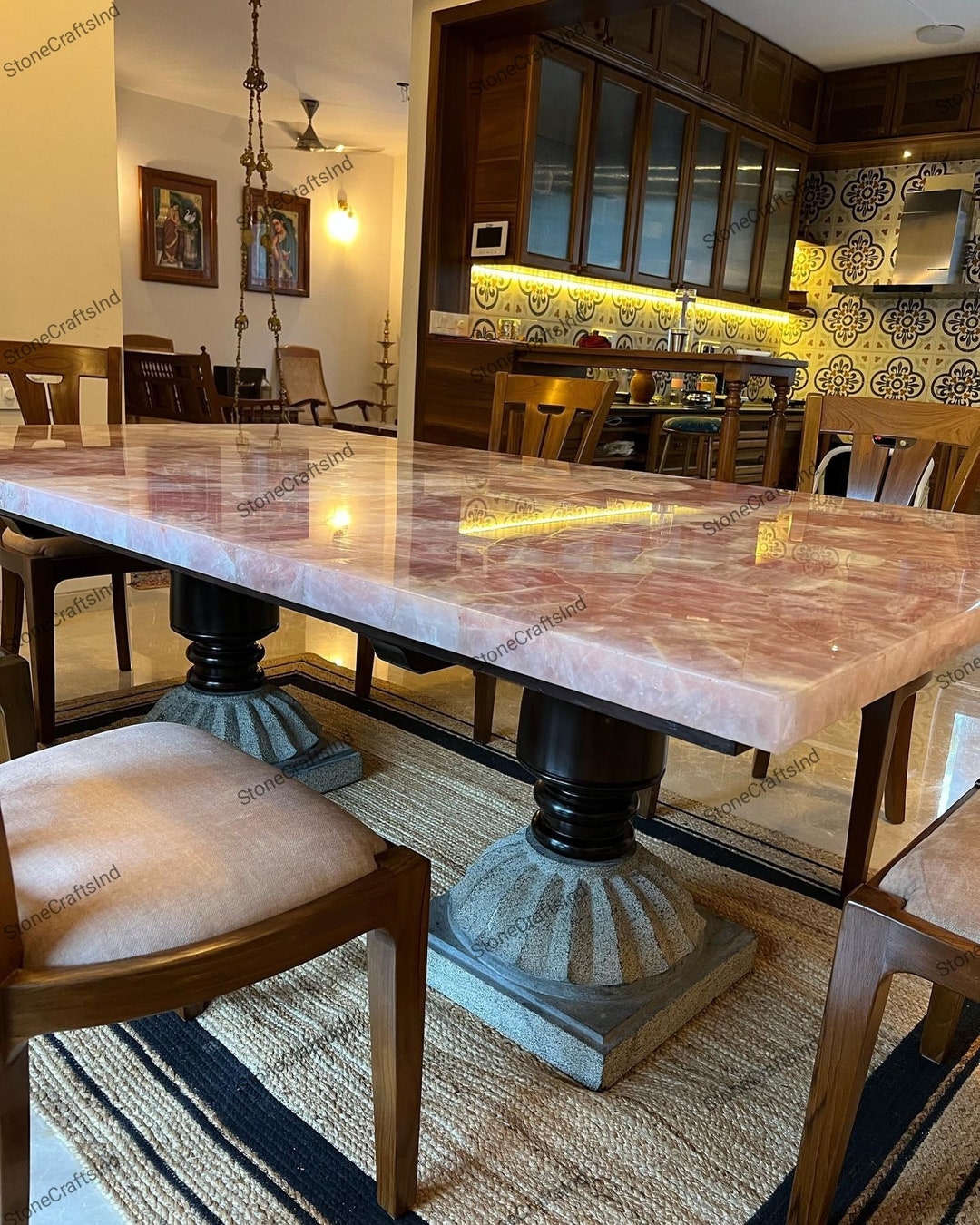 Pink Rose Quartz Dining Table Top / Natural Crystal Quartz Living Room