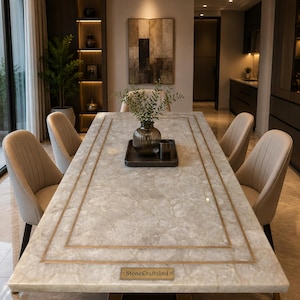 May include: A rectangular dining table with a translucent white stone top featuring a gold-toned inlay border and a metal base. A small plaque reads StoneCraftsInd. A dark glass vase with green foliage sits on a dark rectangular tray on the table.