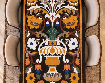 Handcrafted Pietra Dura Dining Table – Black Marble Floral Inlay Tabletop – Luxury Dining Room Centerpiece