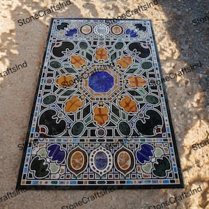 Handmade Marble Inlay Dining Living Room Table Top, Marquetery Work Inlaid With Natural Semiprecious Stones, Green Marble Coffee Meeting Top