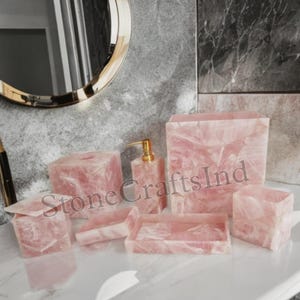 Natural Rose Quartz Bathroom Set 7 Piece, Crystal Quartz Complete Accessories Bathroom Decor Vanity set, Handmade Luxury Bathroom Set