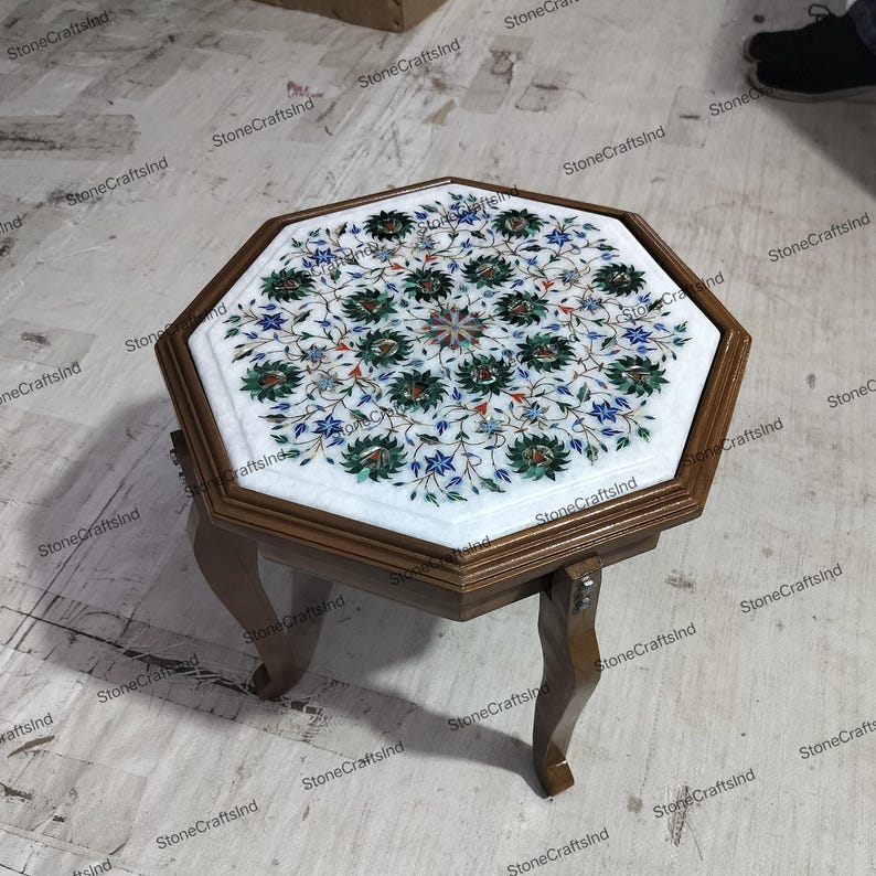 Handmade Marble Inlay Table Top with Malachite, Living Room Decor image 4