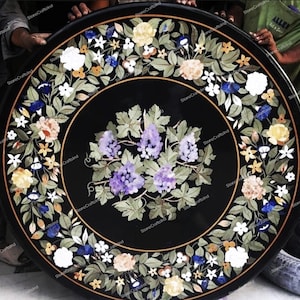 Black Marble Pietra Dura Table Top Handmade Natural Semiprecious Stone Inlaid Marquetry Work, Marble Kitchen & Dining Table, Home Furniture