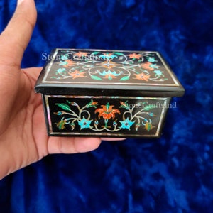 Black marble Jewelry Box, Natural Semiprecious Stones Inlay Fine Floral Work, Antique Jewelry Box Gift for Home, Jewelry Storage Box