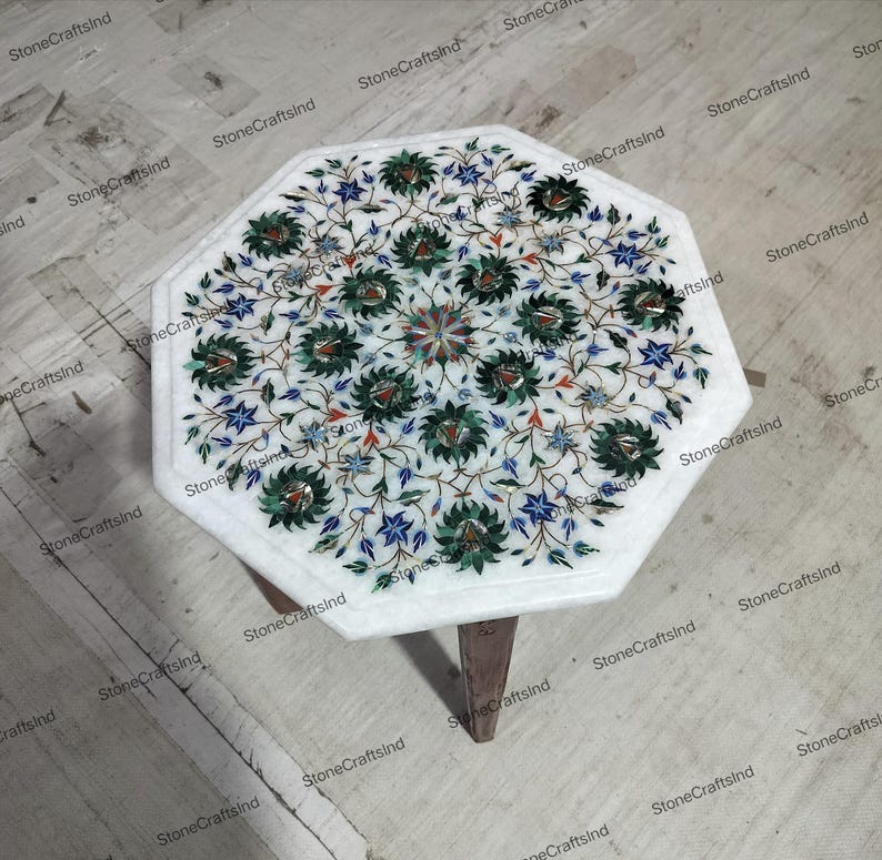 Handmade Marble Inlay Table Top with Malachite, Living Room Decor image 5