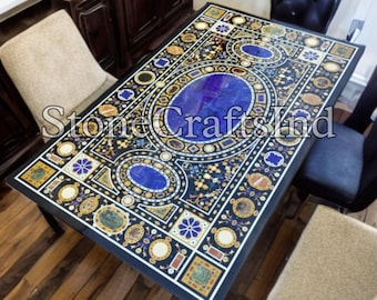 Black Marble Inlay Table Top with Semiprecious Stones, Pietra Dura Art