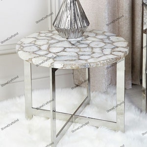 White Agate Side Table Top, Natural Agate Stone Round Coffee Table, Agate Center Table, Handmade Kitchen & Dining Tables