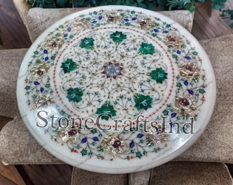 Round White Marble Inlay Coffee Table Top / Natural Semiprecious Stones Inlaid End Table / Handicraft Stone Inlay Table / Living Furniture