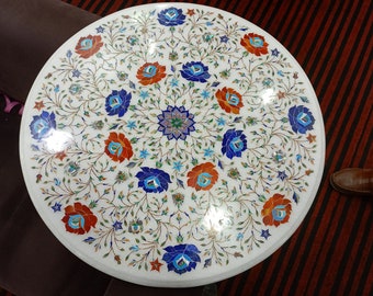 White Marble Round Coffee Table Top, Handmade Semiprecious Stone Inlaid Side Table, End Table, Handcrafted Table Top, Dining Room Furniture