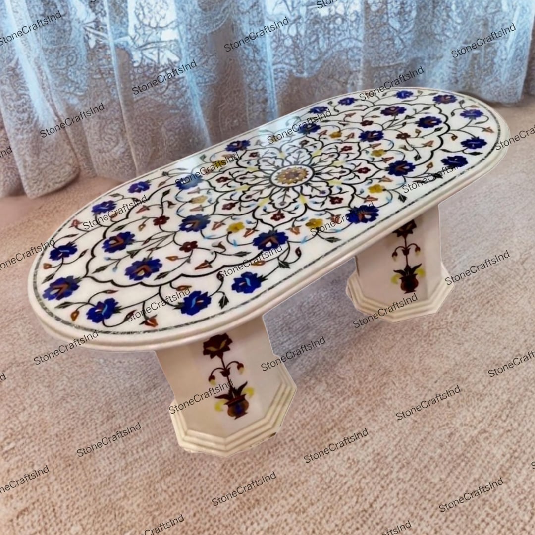 Buy Marble Inlay Dining Living Room Table Top, Oval Shape Semiprecious  Stone Inlay Center Table, Kitchen Dining Table, Home Decor Furniture  Online