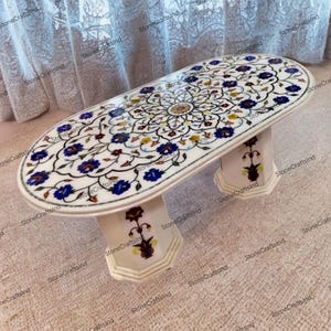 Marble Inlay Dining Living Room Table Top, Oval Shape Semiprecious Stone Inlay Center Table, Kitchen & Dining Table, Home Decor Furniture