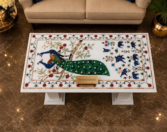 Mesa de lujo con incrustaciones de mármol – Muebles decorativos con diseño de pavo real