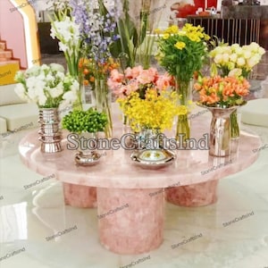 Natural Pink Rose Quartz Coffee Dining Table Top, Round Pink Agate Stone Sofa Center Table, Stone End Table, Home Decor Furniture