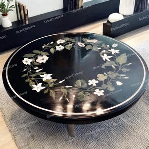 Floral Inlay Black Marble Coffee Table Top, Handmade Art