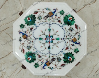 Handmade Marble Inlay Table Top, Peacock & Gemstone Marquetry