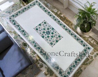 Handicraft White Marble Coffee Table Top, Malachite Inlay Pietra Dura