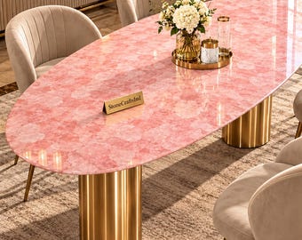 Luxury Rose Quartz Stone Tabletop – Handmade Natural Gemstone Furniture Top – Modern Dining Table Decor