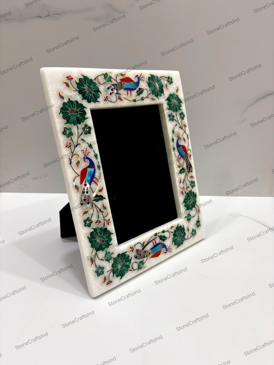 Unique Picture Frame Inlay Marble Inlaid Picture Frame / Malachite Stone Inlay Fine Floral Work ...