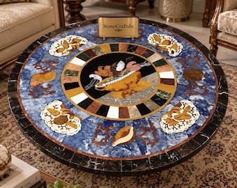 Luxury Blue Pietra Dura Table – Intricate Natural Stone Inlay Coffee Table – Handmade Mosaic Furniture