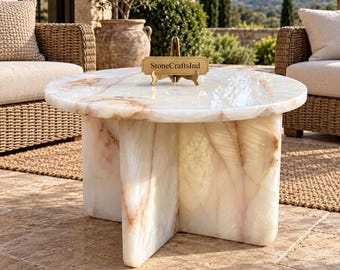 White Onyx Coffee Table – Luxury Round Stone Center Table with Sculptural Base – Statement Furniture