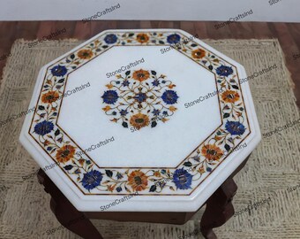 Handmade Marble Inlay Table Top, Semiprecious Stone Art
