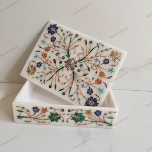 Marmor Schmuckschatulle | Rechteckige Marmorbox mit Halbedelstein Inlay Kunst | Hochzeit Geschenkboxen | Schmuckaufbewahrung | Weihnachtsgeschenk