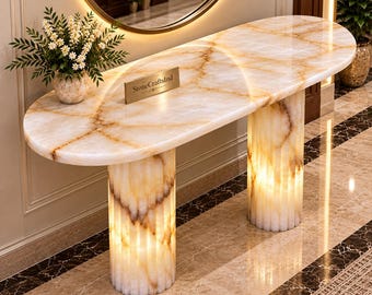 White Onyx Entryway Console – Handmade Gemstone Hall Table – Natural Stone Furniture with Fluted Base