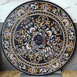 Black Marble Inlay Dining Table Top, Semiprecious Stone Inlay Marquetery Art, Round Marble Inlay Coffee Hallway Table, Living Room Furniture