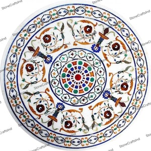 White Marble Inlay Coffee Dining Table Top, Round Pietra Dura Table With Inlaid Natural Semi Precious Stones, Home Decor Furniture