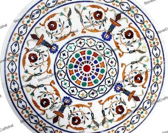 White Marble Inlay Table Top, Pietra Dura, Semi Precious Stones