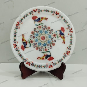 9&quot; Elegant Marble Inlay Plate, Natural Semi Stones Peacock Inlay Art Work, Marble Inlay Plate, Home Decorative Gifts, Living Room Decor