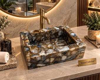 Natural Agate Stone Bathroom Sink – Handmade Rectangular Vessel Basin – Luxury Gemstone Vanity Sink