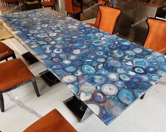 Handmade Blue Agate Dining Table Top, Agate Slab Furniture