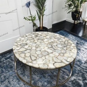 White Agate Coffee Dining Table Top, Natural Agate Stone Kitchen & Hallway Table, Stone Side Table, Living Room Table, Home Decor Furniture