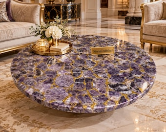 Amethyst Stone Coffee Table – Purple Gemstone Mosaic Tabletop – Handmade Luxury Round Living Room Furniture