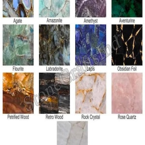 May include: A collage of 11 different types of stone, including agate, amazonite, amethyst, aventurine, fluorite, labradorite, lapis, obsidian foil, petrified wood, retro wood, rock crystal, rose quartz, and white quartz.