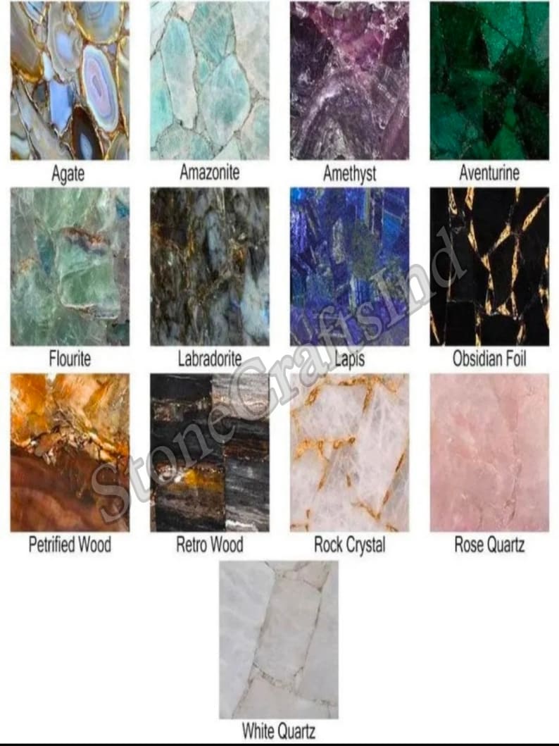 May include: A collage of 11 different types of stone, including agate, amazonite, amethyst, aventurine, fluorite, labradorite, lapis, obsidian foil, petrified wood, retro wood, rock crystal, rose quartz, and white quartz.