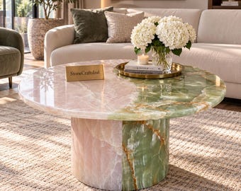 Luxury Gemstone Coffee Table – Rose Quartz and Green Onyx Yin Yang Design – Statement Furniture