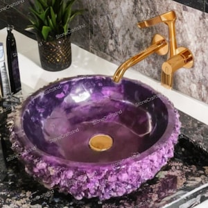 Amethyst Stone Vessel Sink / Purple Amethyst Stone Countertop Wash Basin / Natural Stone Sink for Elegant Bathroom / Gemstone Vanity Sink