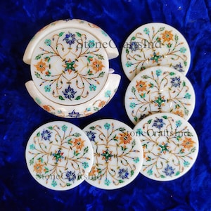 Vit marmorinlägg med underlägg, blommig Pietra Dura Art