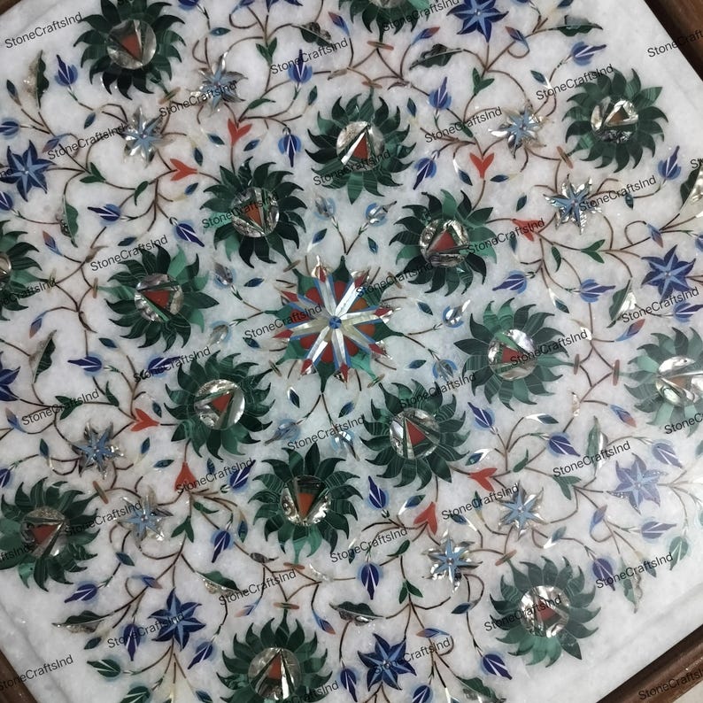 Handmade Marble Inlay Table Top with Malachite, Living Room Decor image 7