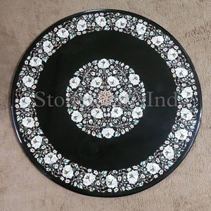 Black Marble Mother Of Pearl Coffee Dining Table Top, White Mop Inlay Pietra Dura Art Work, Marble Side Table, Center Table, Home Interior