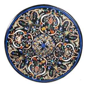 Black Marble Pietra Dura Coffee Table Top, Marquetry Inlaid with Natural Semiprecious Stone, Marble Inlay Dining Table, Home Decor Furniture