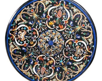 Black Marble Pietra Dura Table Top, Semiprecious Stone Inlay