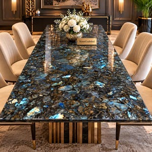 Labradorite Mosaic Dining Table – Handmade Natural Gemstone Tabletop – Luxury Modern Statement Furniture