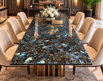 Labradorite Mosaic Dining Table – Handmade Natural Gemstone Tabletop – Luxury Modern Statement Furniture