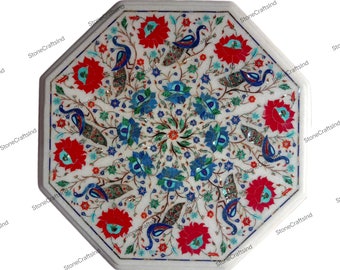 Marble Inlay Coffee End Table Top, Handmade Semiprecious Stone Inlaid, Handcrafted Table Top, Office Side Table, Living Room Furniture