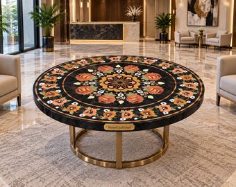 Black Marble Floral Inlay Table – Handmade Pietra Dura Coffee Table – Elegant Round Luxury Centerpiece